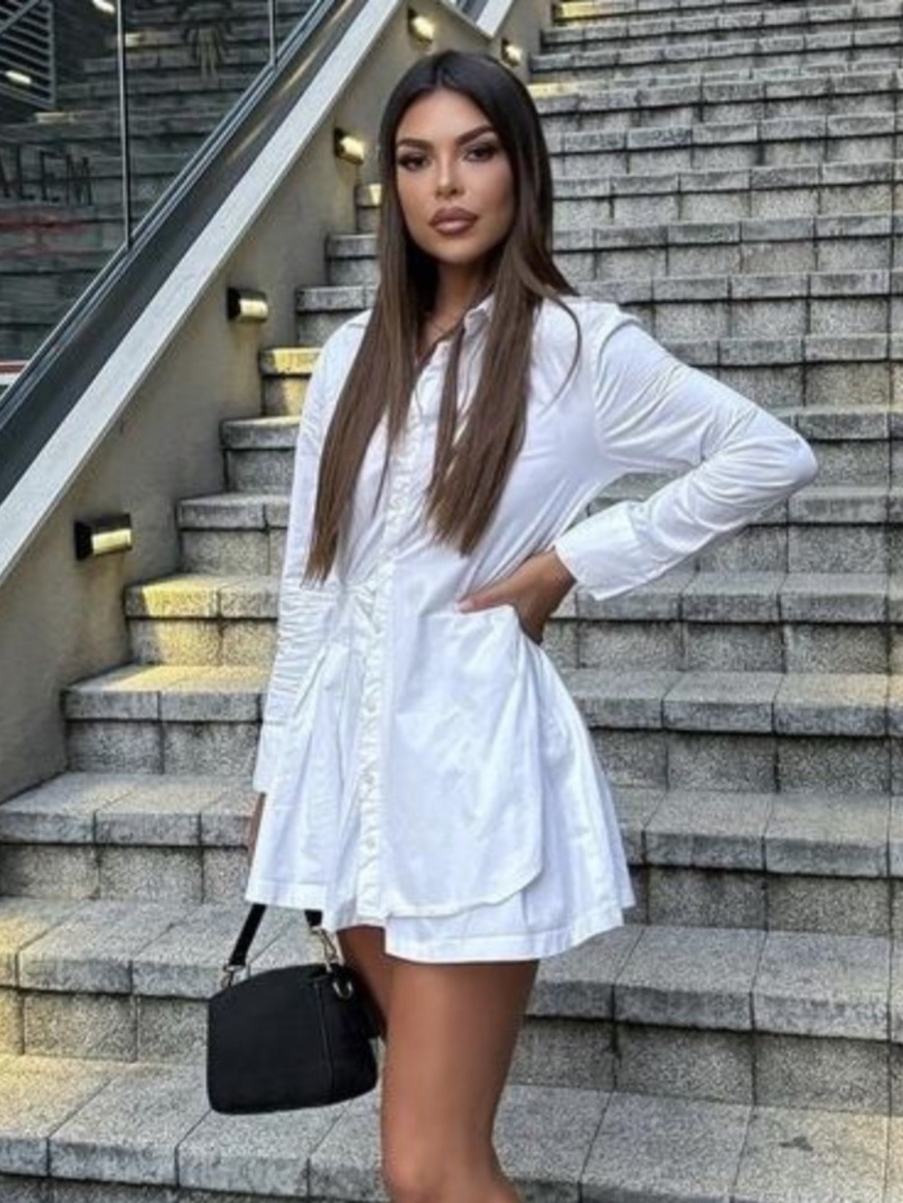 Zara White Short Pleated Long-Sleeve Cotton-Poplin Mini Shirt Dress Size XS